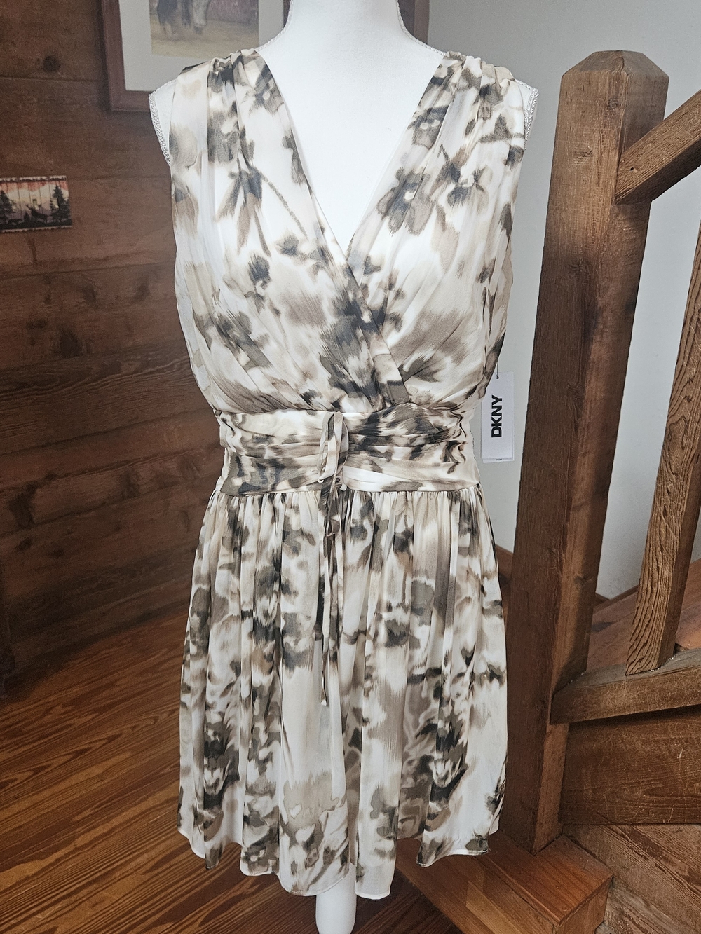 DKNY Beige & Taupe Tie-Waist Floral Print Dress